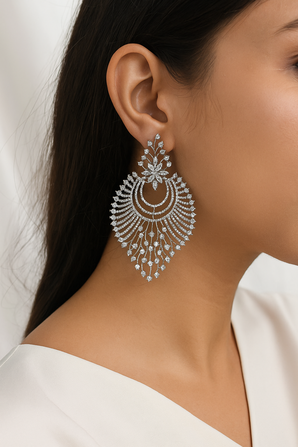 Sparkling Silver Fan Style Long Diamond Look Earrings