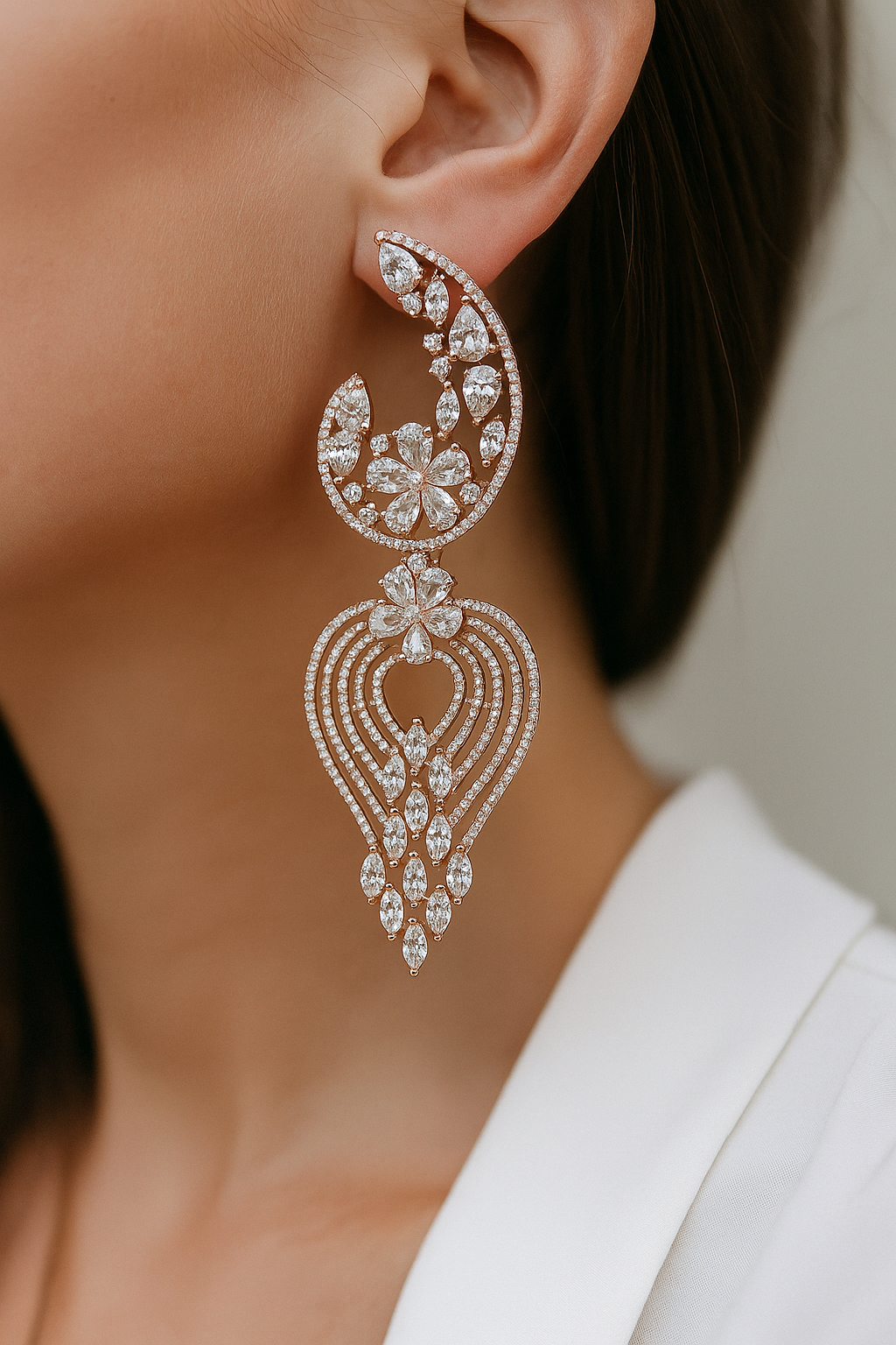 Rose Gold Finish CZ Drop Earrings