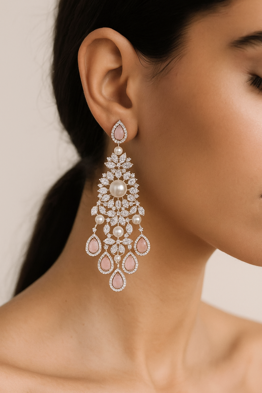 Pink Stone & Pearl Drop CZ Statement Earrings