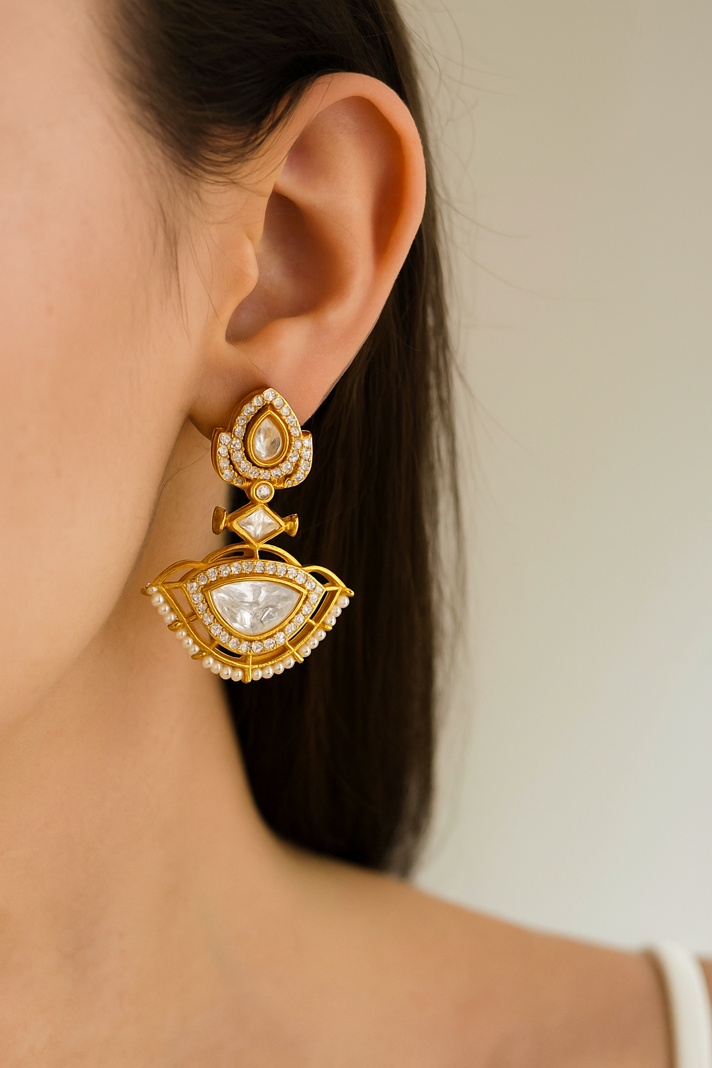 Kundan Polki Pearl Drop Earrings in Antique Gold Finish