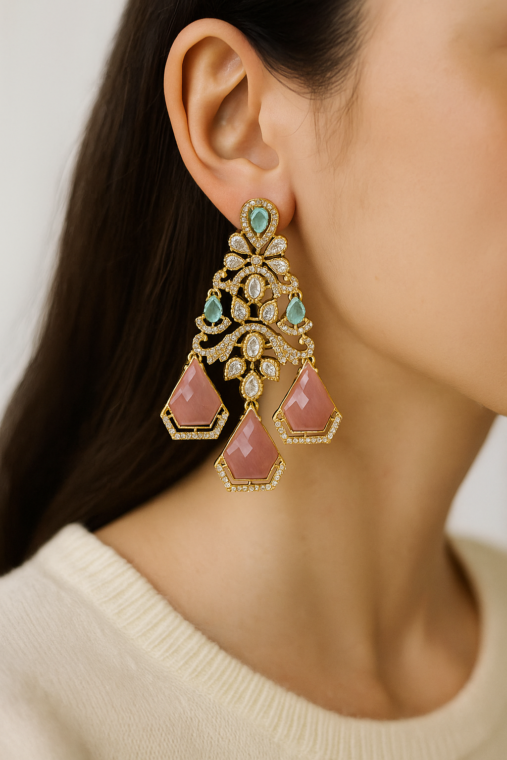 Pink & Green Designer Statement Earrings with Diamond Detailing