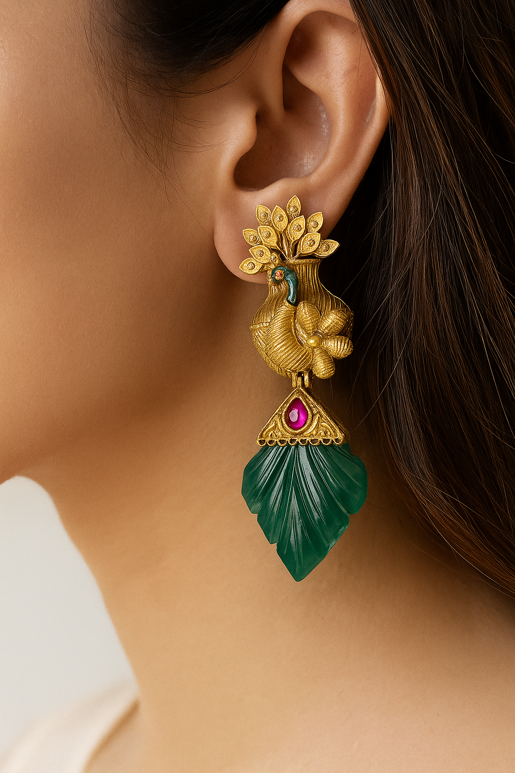 Peacock Inspired Green Stone Drop Earrings