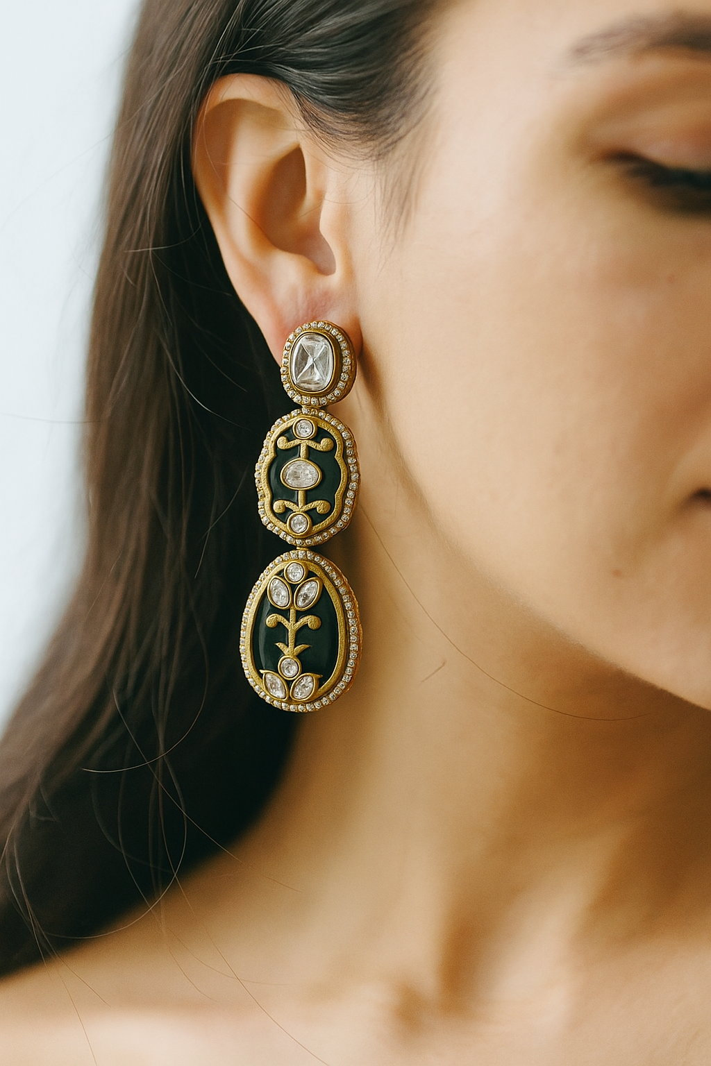 Black Enamel Kundan Style Drop Earrings