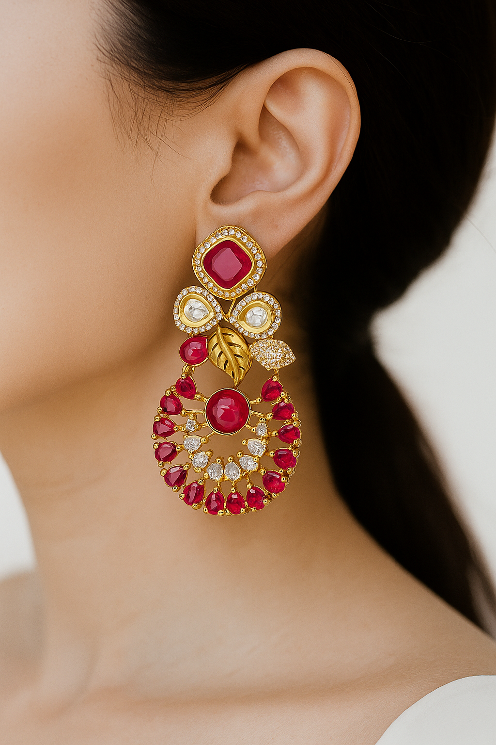 Ruby Red Kundan Style Circular Drop Earrings