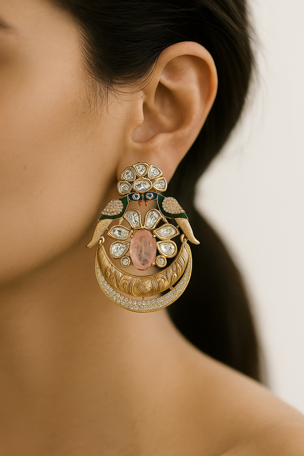 Peacock Design Pink Stone Kundan Earrings