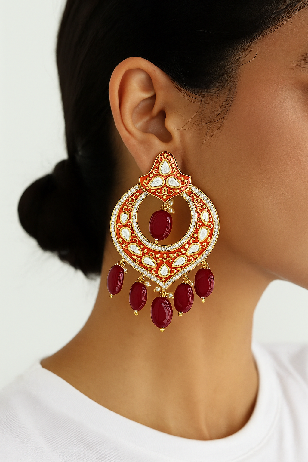Red Meenakari Kundan Chandbali Earrings