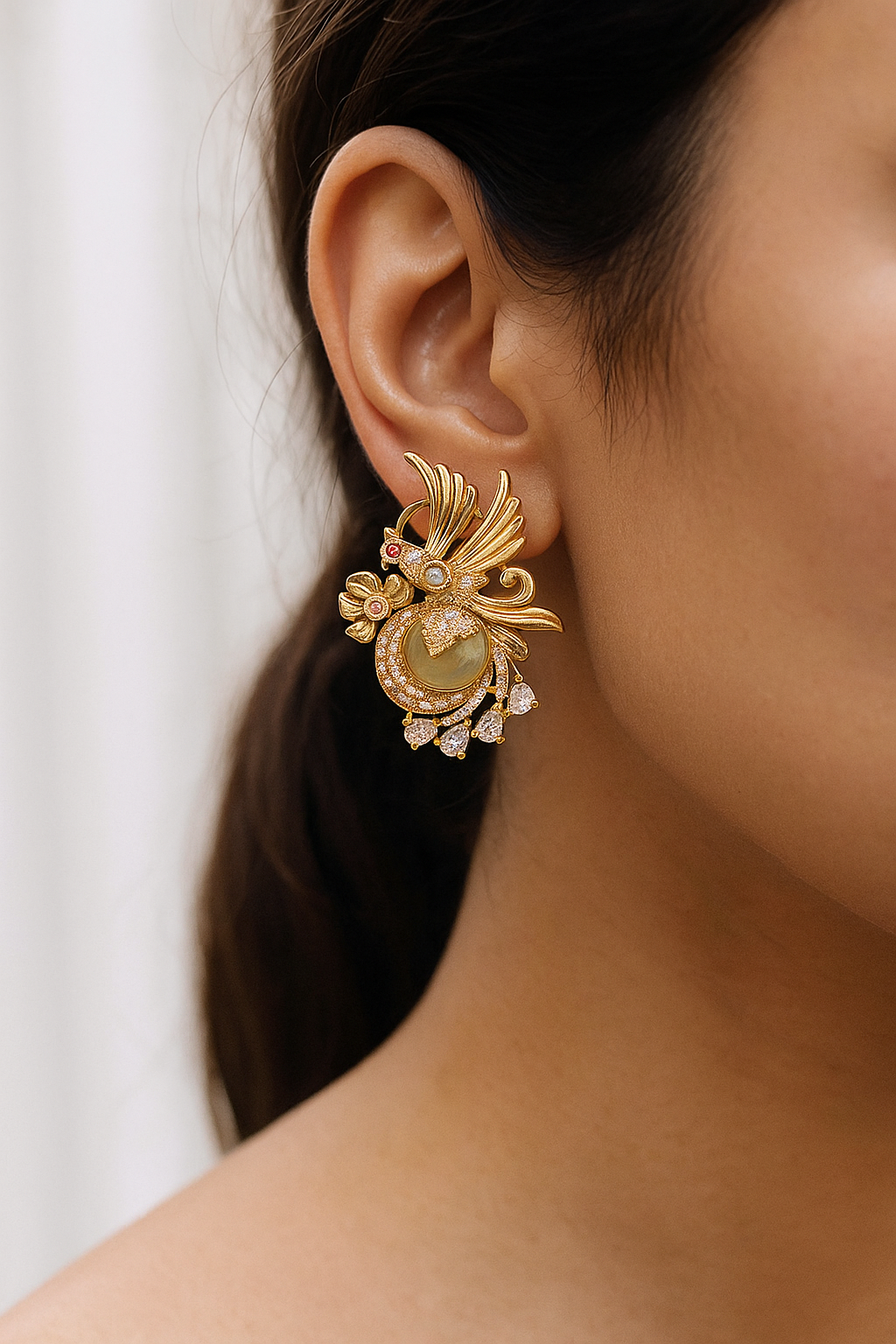 Golden Peacock Stud Earrings with Green Stone
