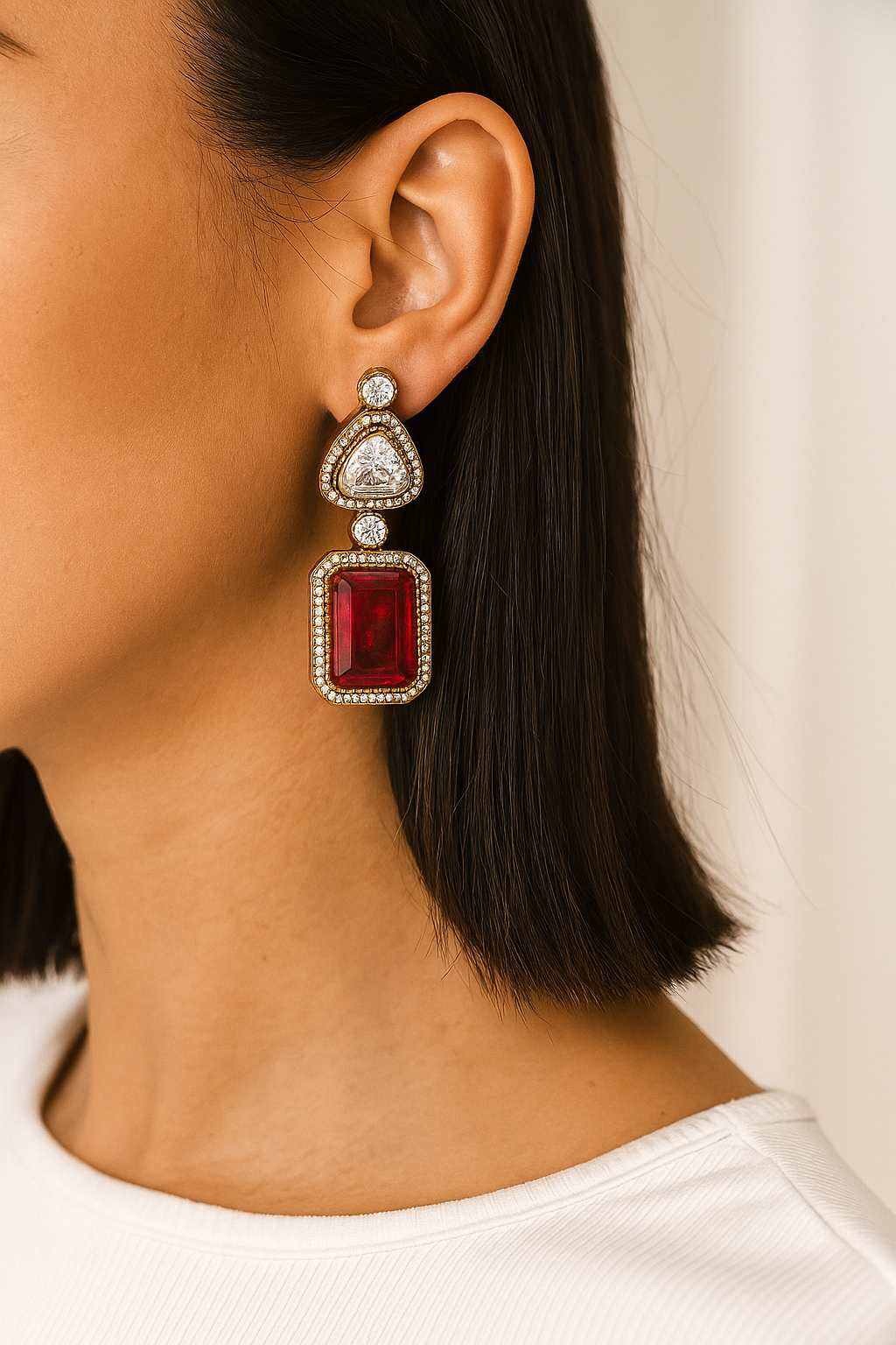 Royal Red Emerald Cut Stone Earrings – Designer Statement Jewelry