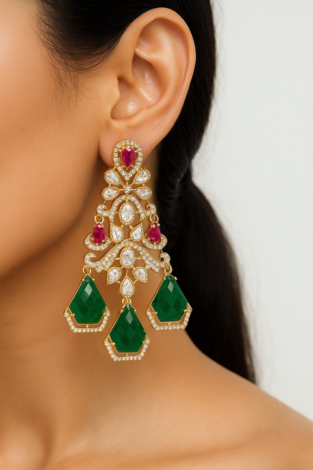 Royal Green & Ruby Drop Earrings – Designer Wedding Jewellery