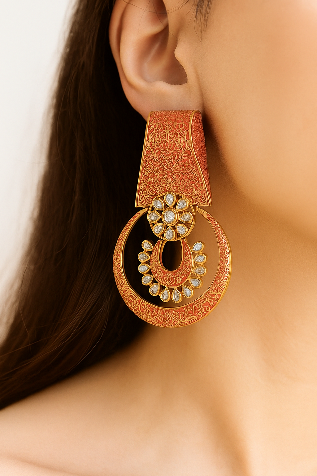 Red Meenakari Hoop Earrings – Traditional Kundan Statement Jewellery