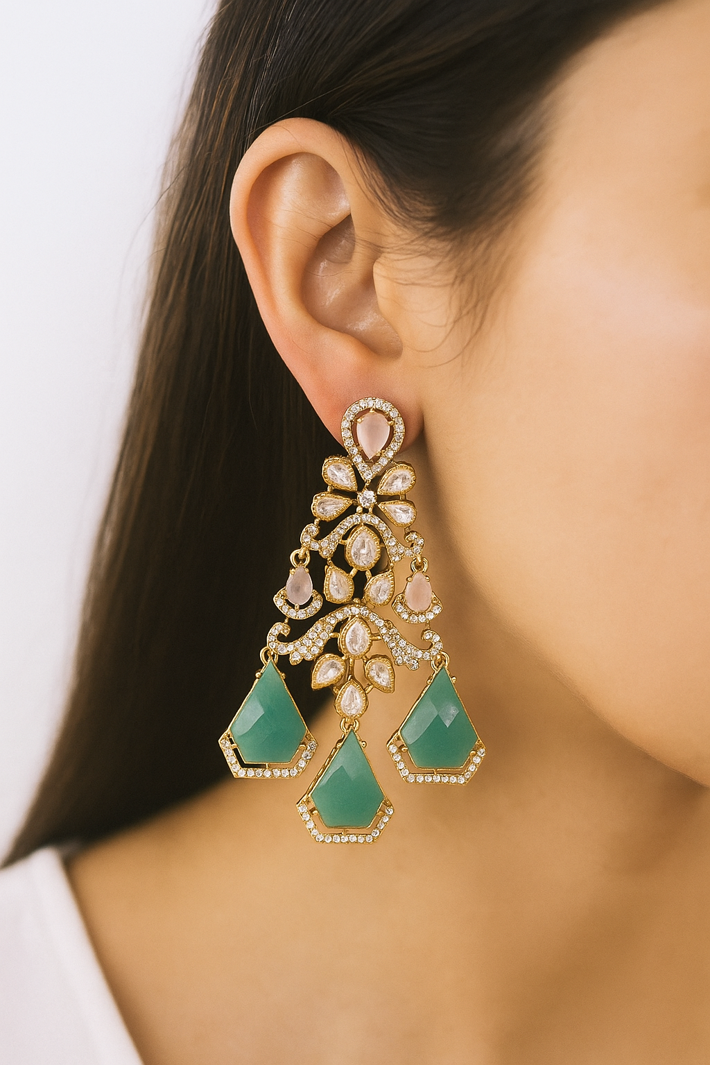 Pastel Green & Pink Stone Chandelier Earrings – Designer Bridal Jewellery