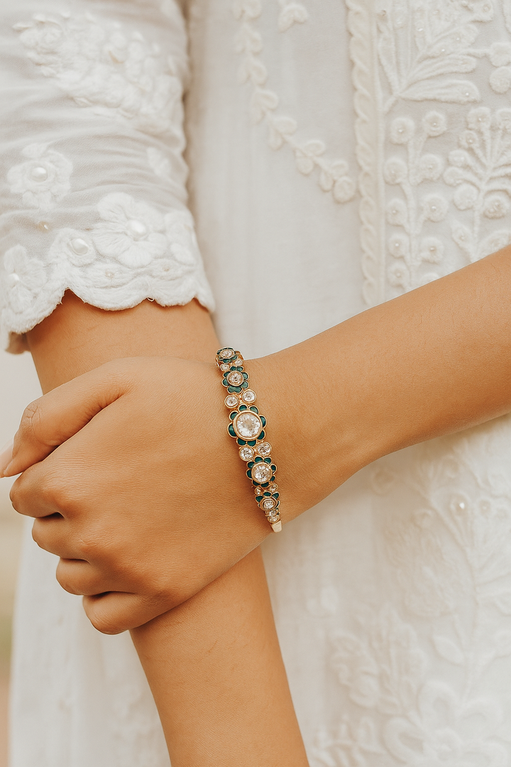 Floral Kundan Openable Bracelet with Green Enamel