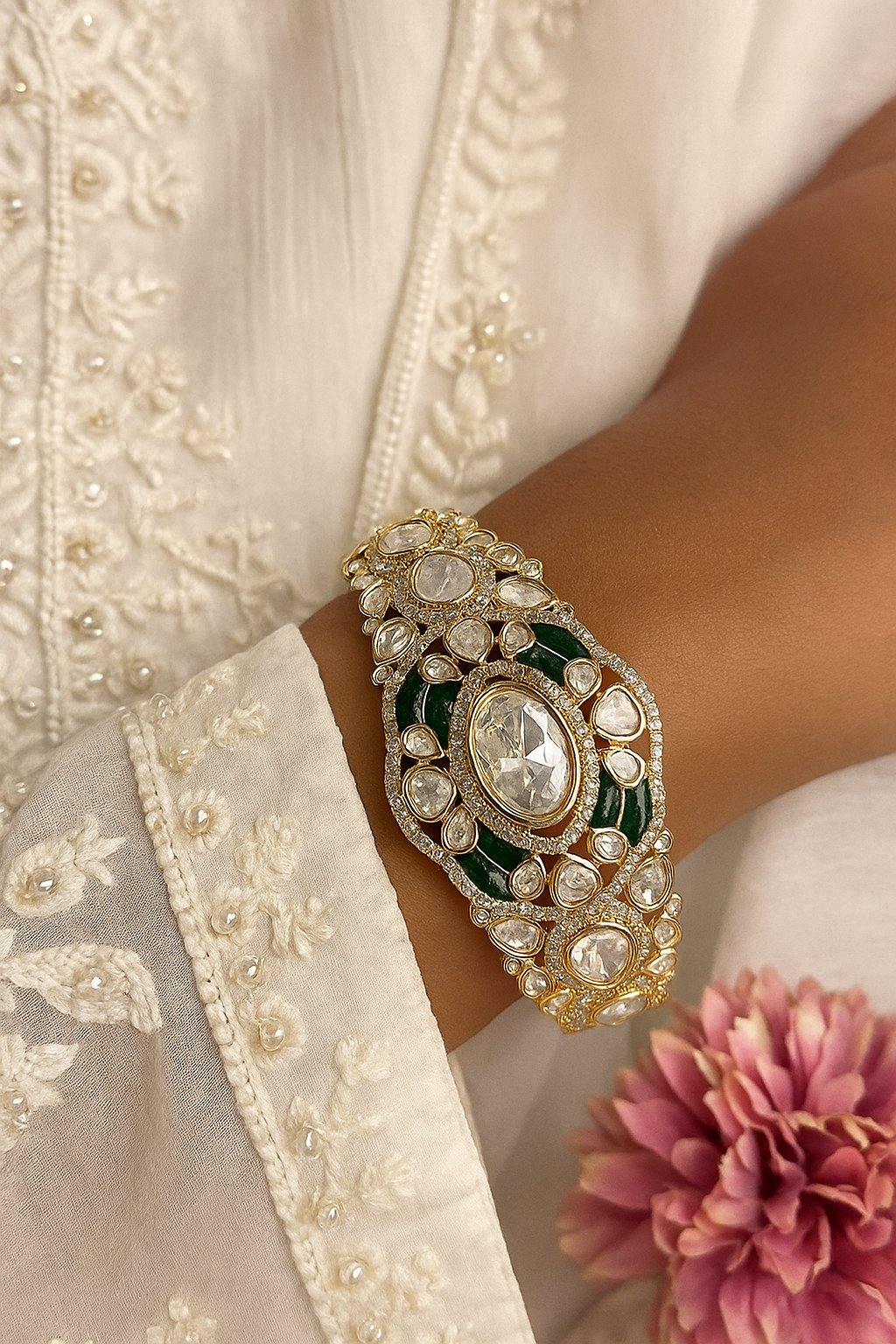 Grand Kundan Openable Bracelet with Green Enamel