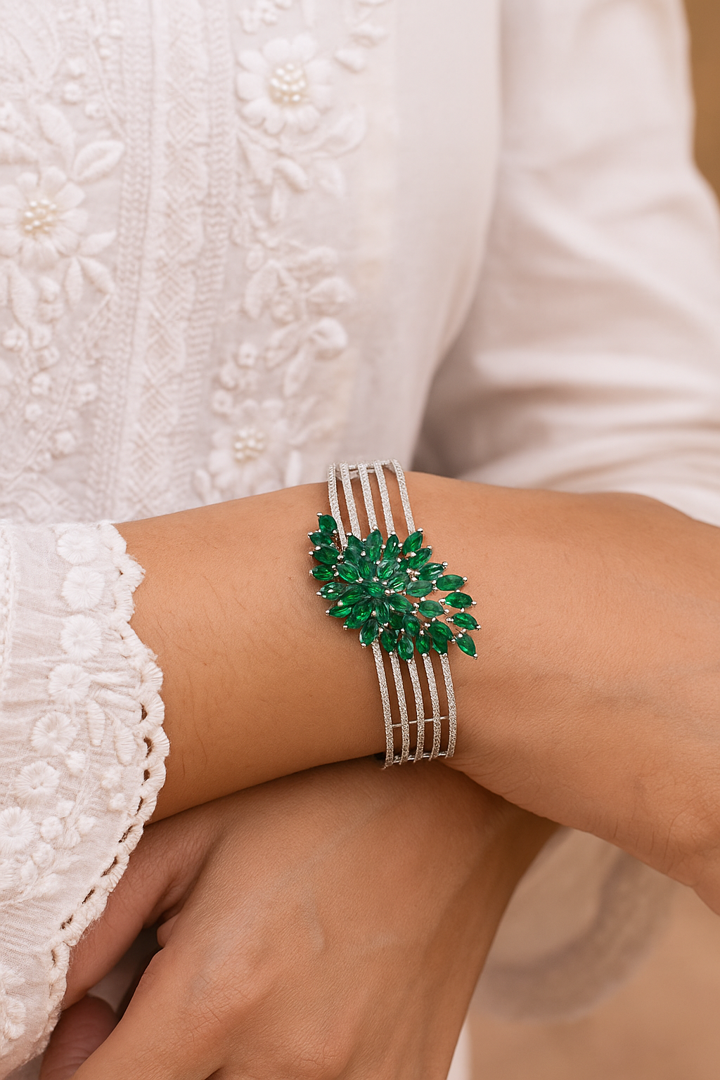 Emerald Cluster Diamond Look Openable Bracelet