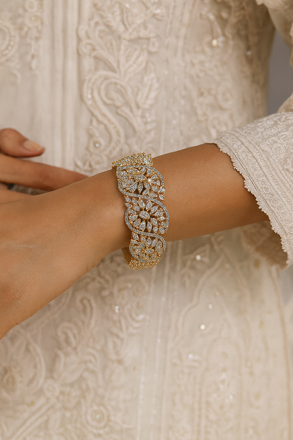 Luxury Gold Openable Bracelet with CZ Cluster Waves