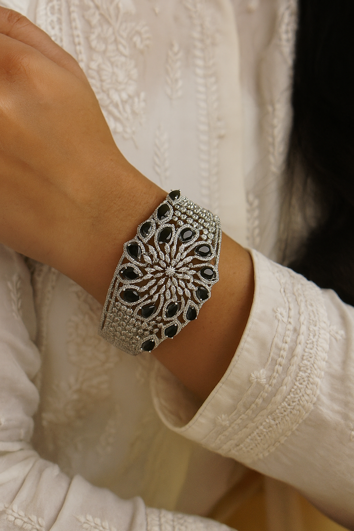Designer Black Stone Openable Bracelet with CZ Floral Design