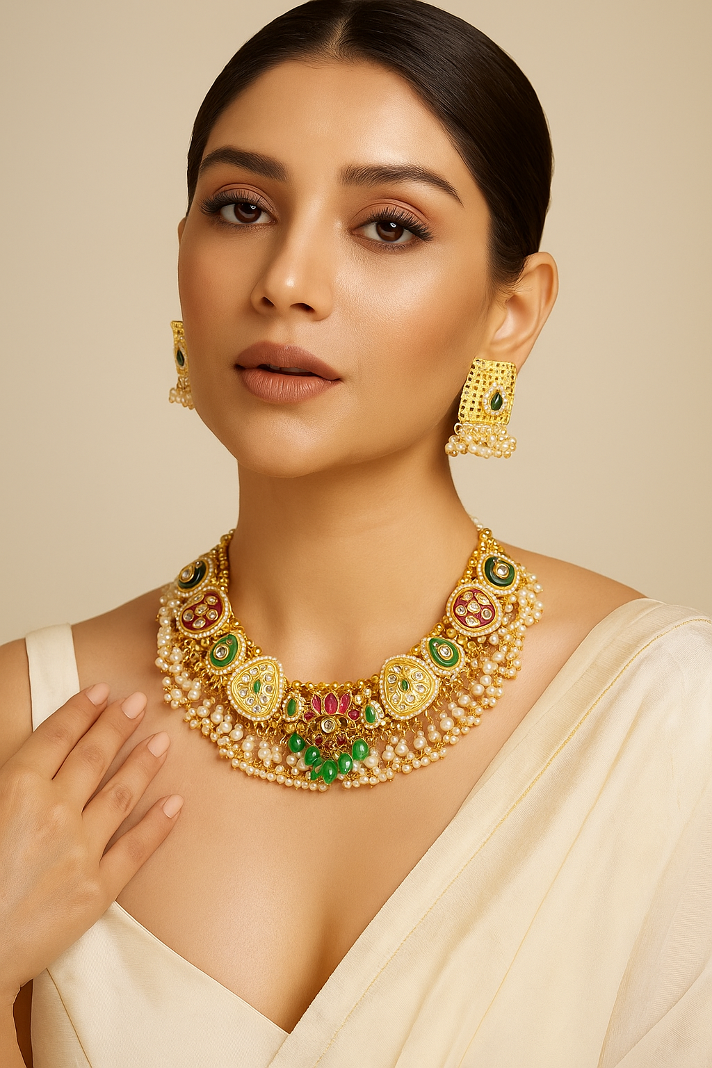 Lotus Motif Kundan Pearl Choker Set with Green Bead Drops