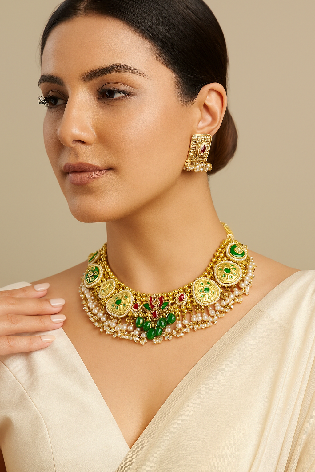 Ruby Red & Green Kundan Pearl Choker Necklace Set