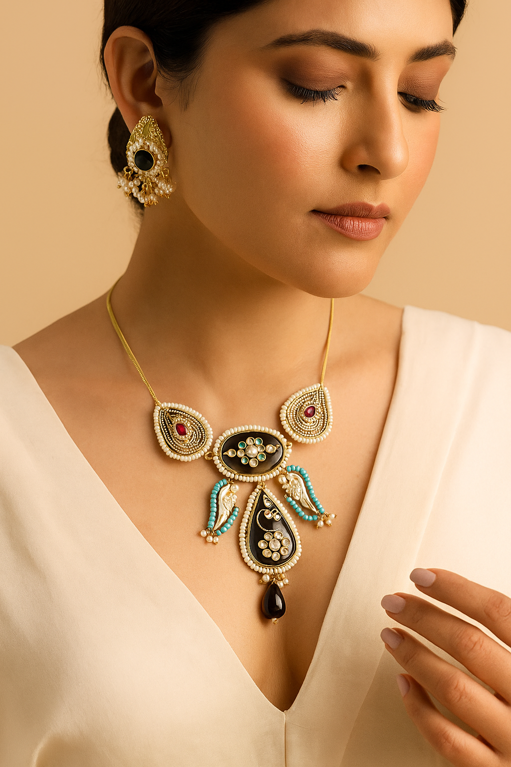 Royal Peacock Inspired Black Stone Kundan Choker Necklace Set