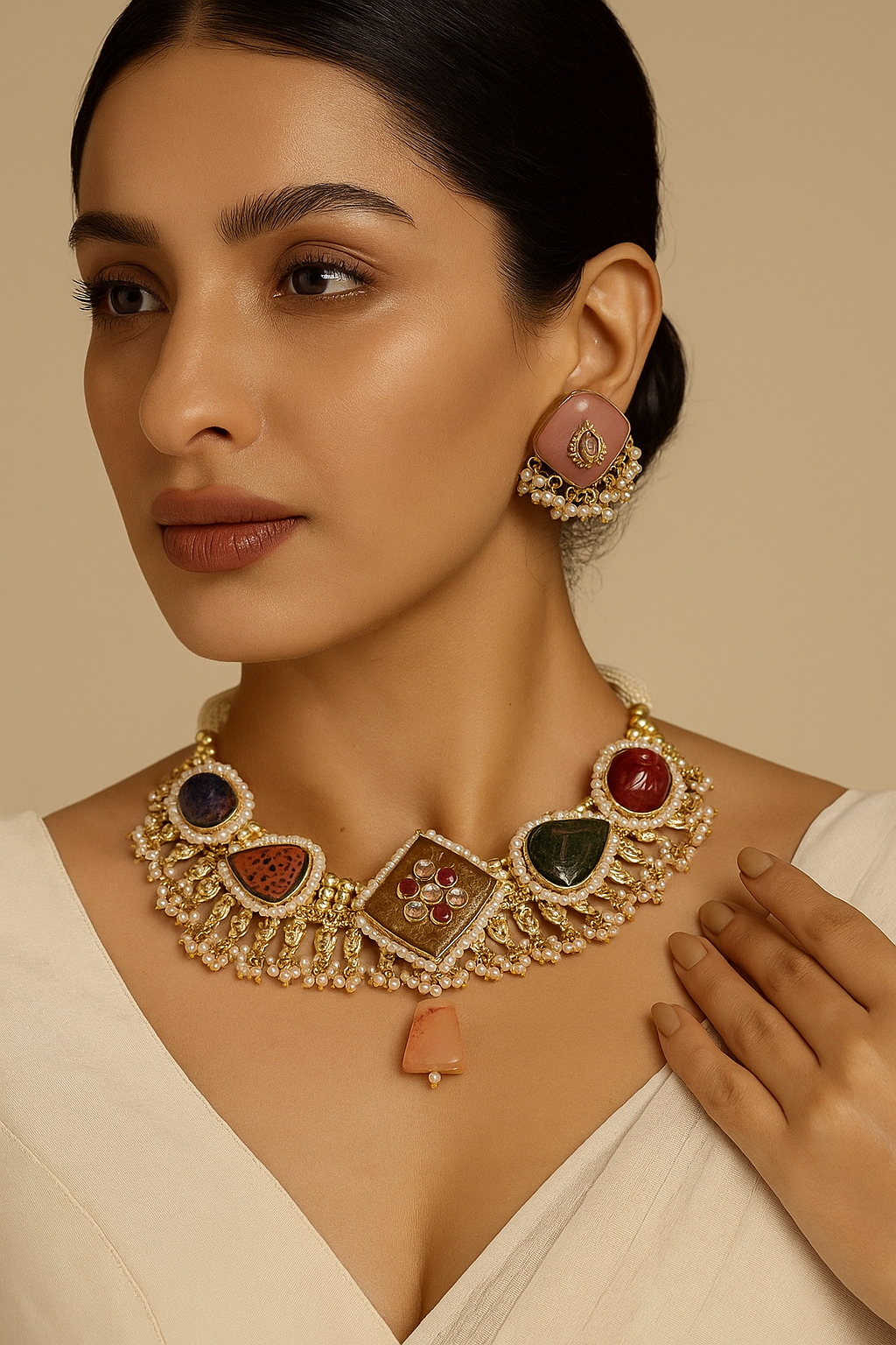 Royal Multi-Stone Kundan Choker Necklace Set with Pearls