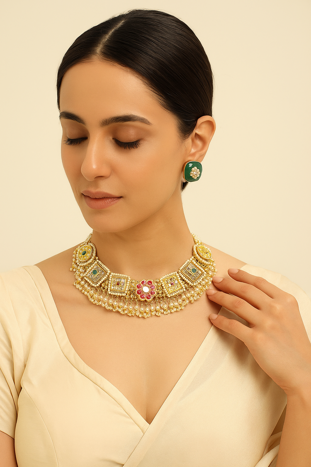 Multicolor Kundan Square Motif Choker Necklace Set with Pearl Drops & Earrings