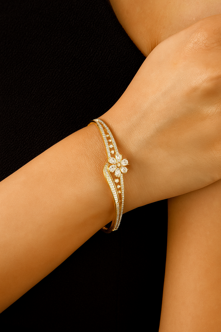 Floral CZ Openable Bracelet in Gold Finish