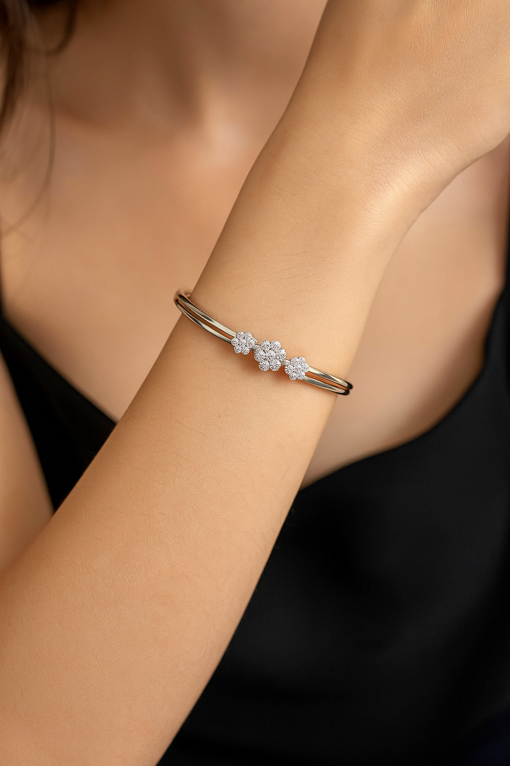 Elegant Triple Floral CZ Openable Bracelet