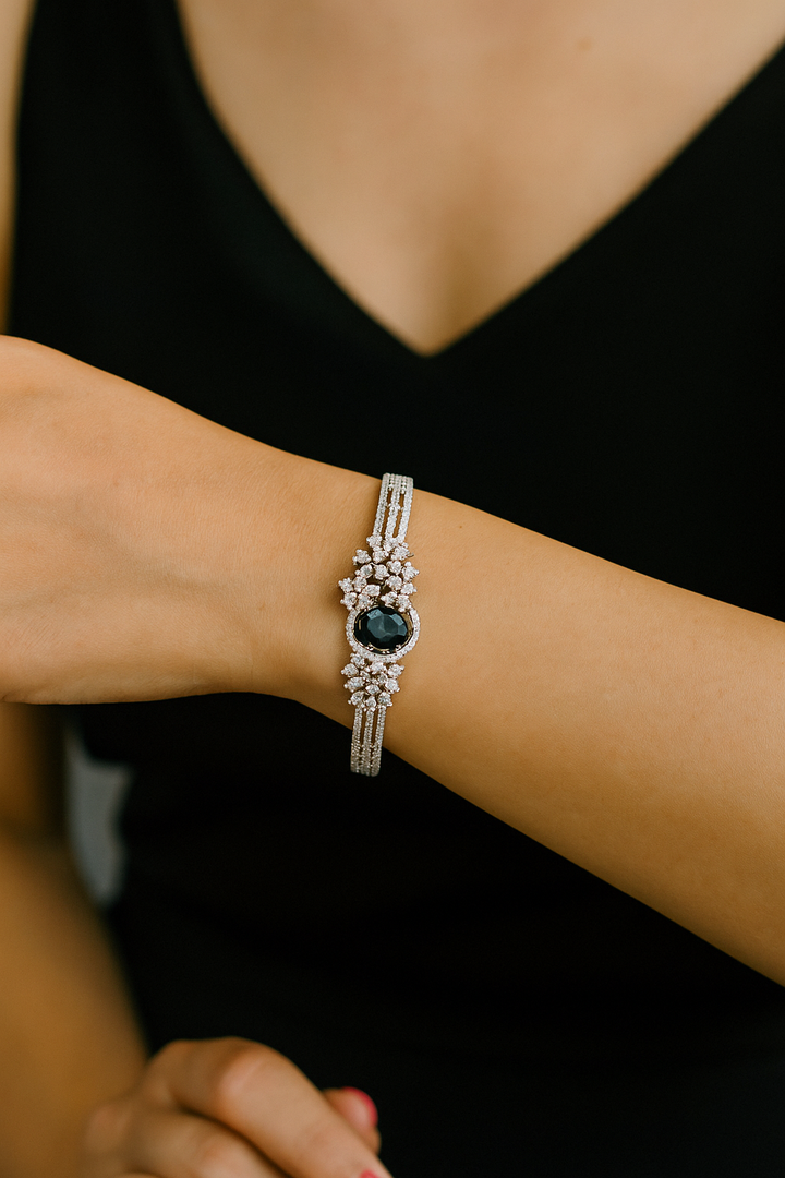 Royal Blue Stone & CZ Openable Bracelet – Silver Finish