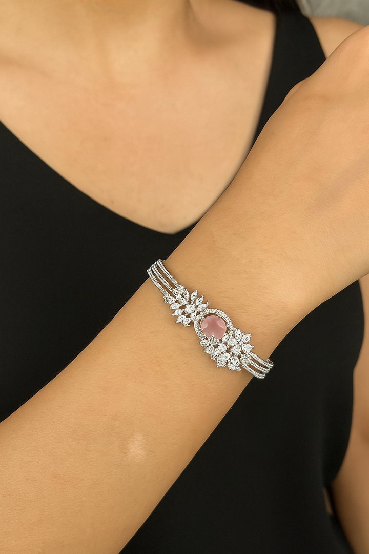Pink Stone & CZ Floral Openable Bracelet
