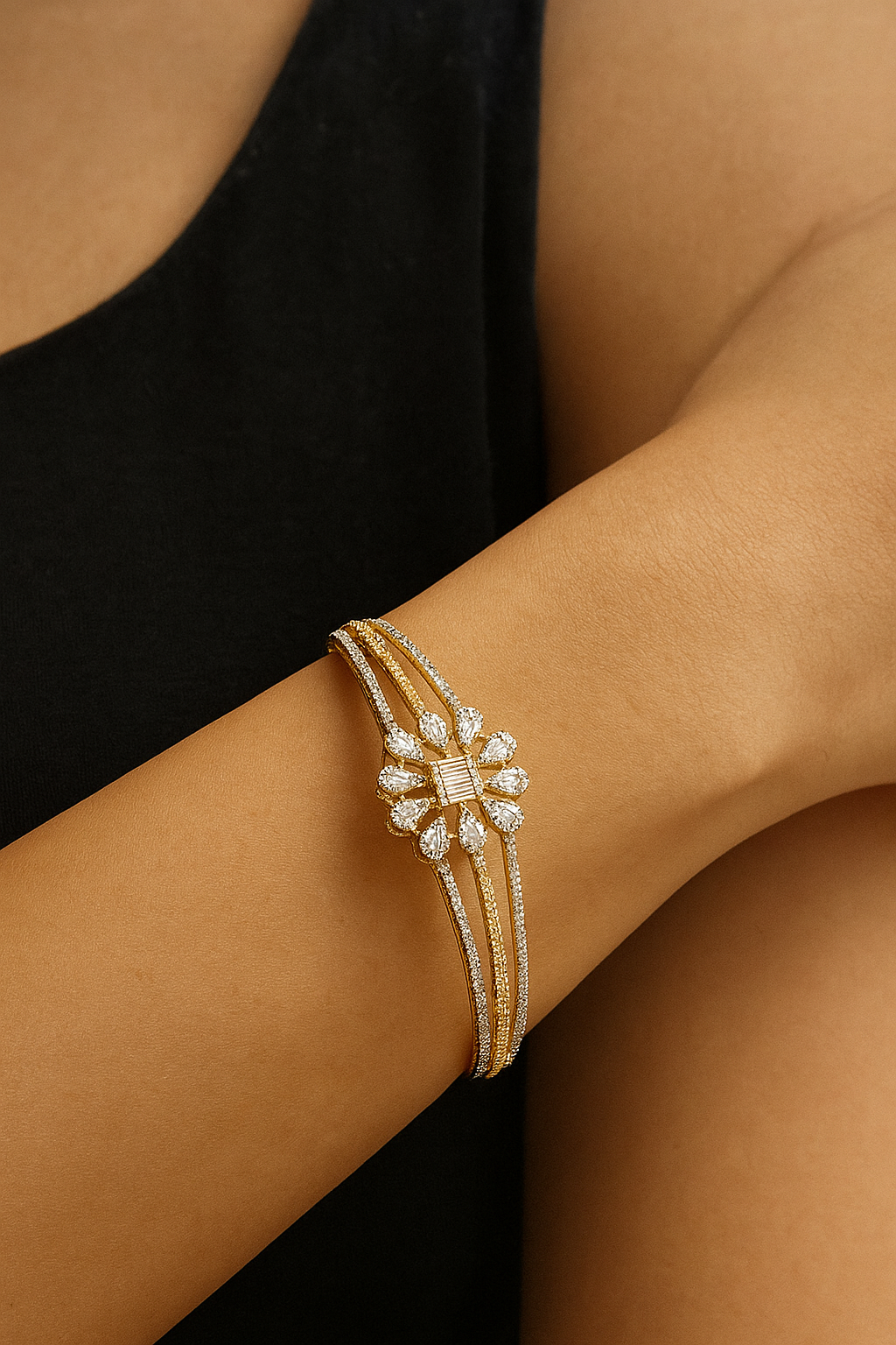 Elegant Gold & Diamond Floral Openable Bracelet