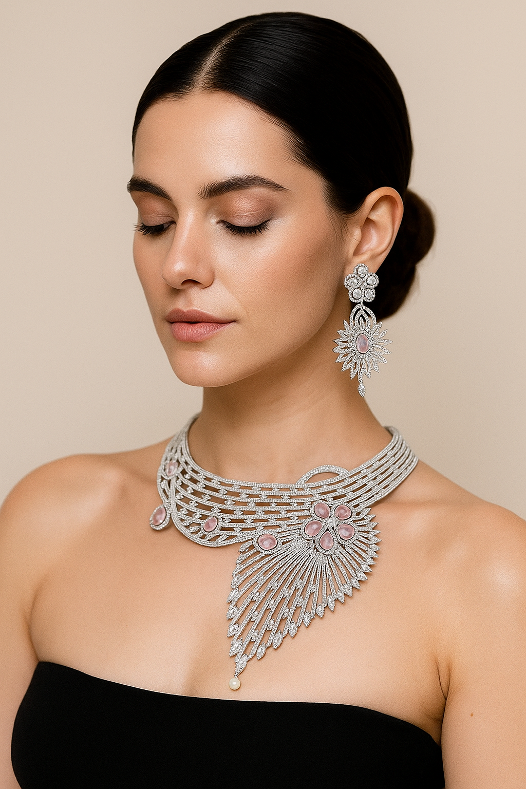 Elegant Pink Stone Diamond Choker Necklace Set with Earrings
