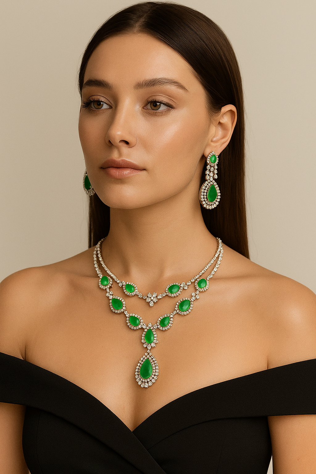 Royal Green Stone Necklace Set with Earrings