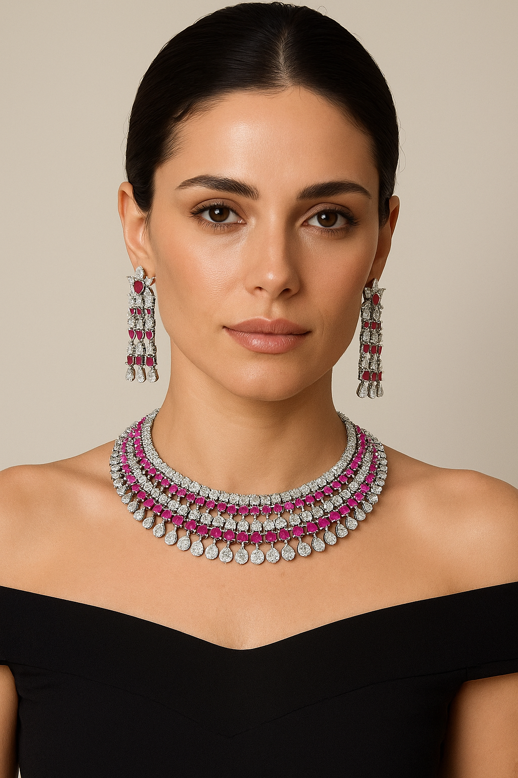 Ruby Elegance Diamond Look Necklace Set with Earrings