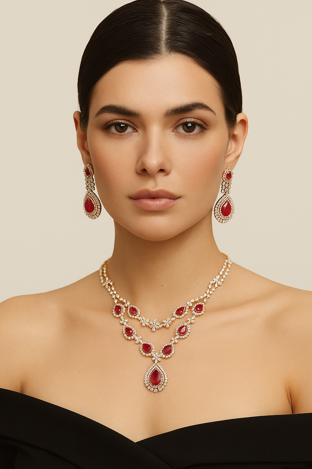 Royal Ruby Teardrop Diamond Look Necklace Set with Earrings