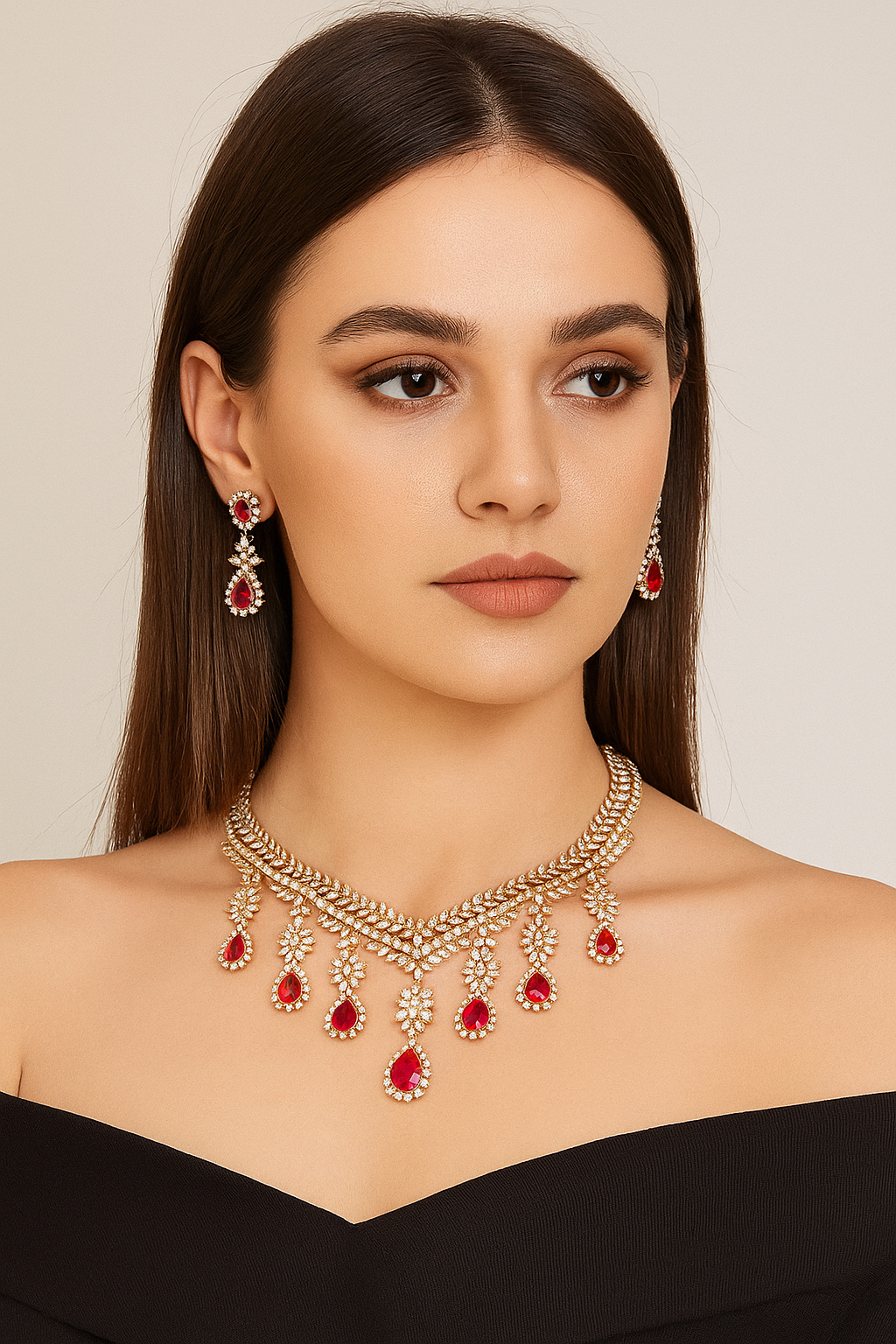 Elegant Ruby Drop Diamond Look Necklace Set with Earrings