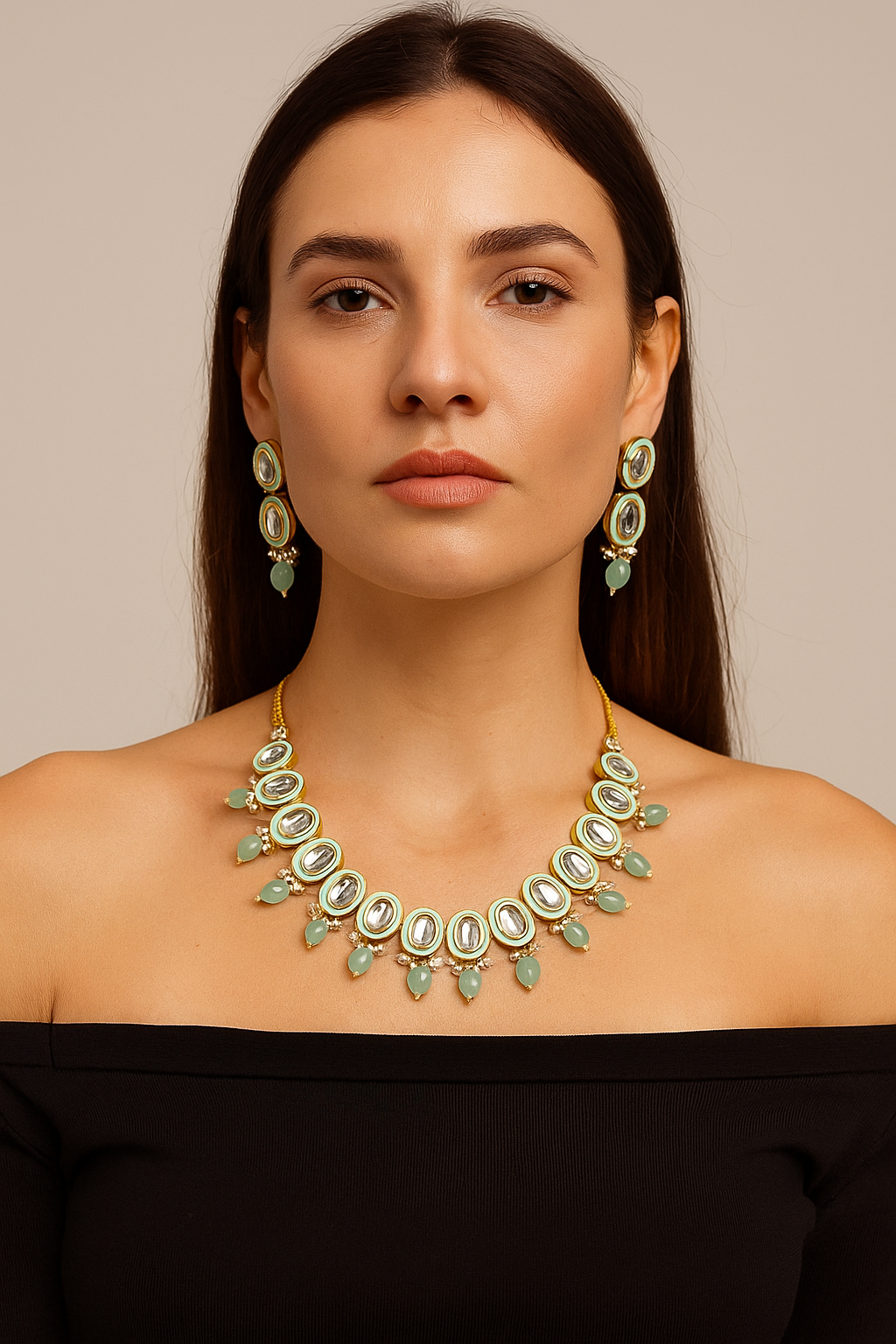 Elegant Mint Green Kundan Necklace Set with Earrings & Maang Tikka
