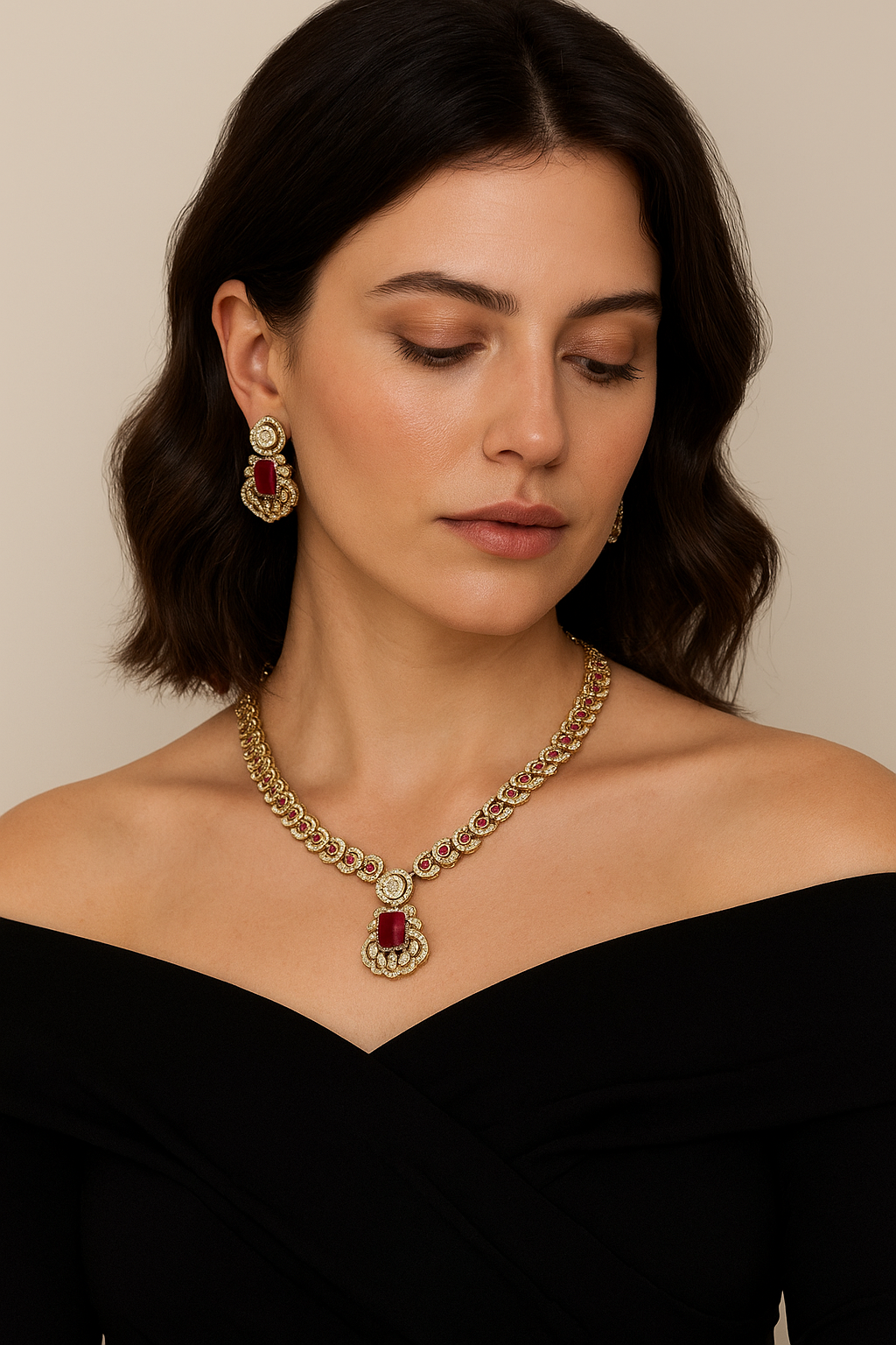 Ruby Red Kundan Necklace Set with Earrings