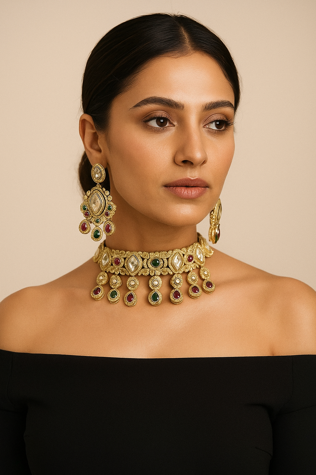 Royal Kundan Choker Set with Red & Green Stones – Bridal Jewellery