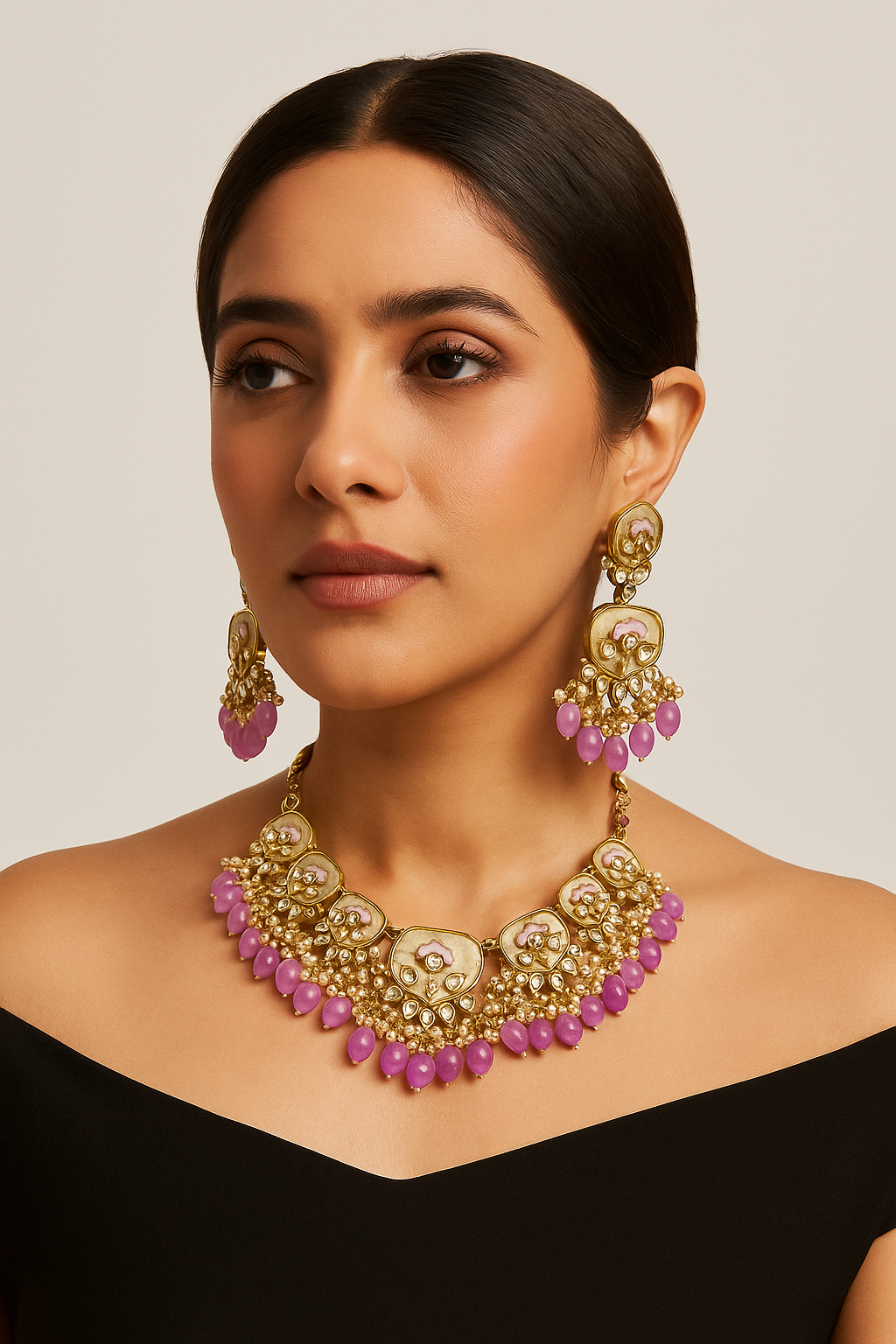 Lavender Stone Kundan Bridal Set with Earrings & Maang Tikka