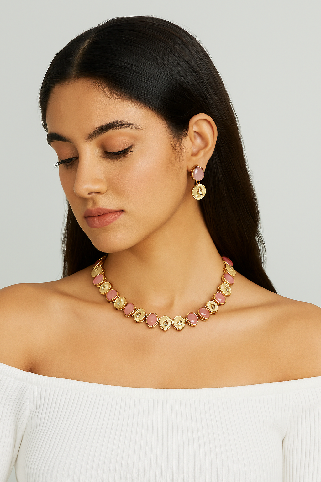 Pink Stone & Kundan Necklace Set with Earrings and Maang Tikka