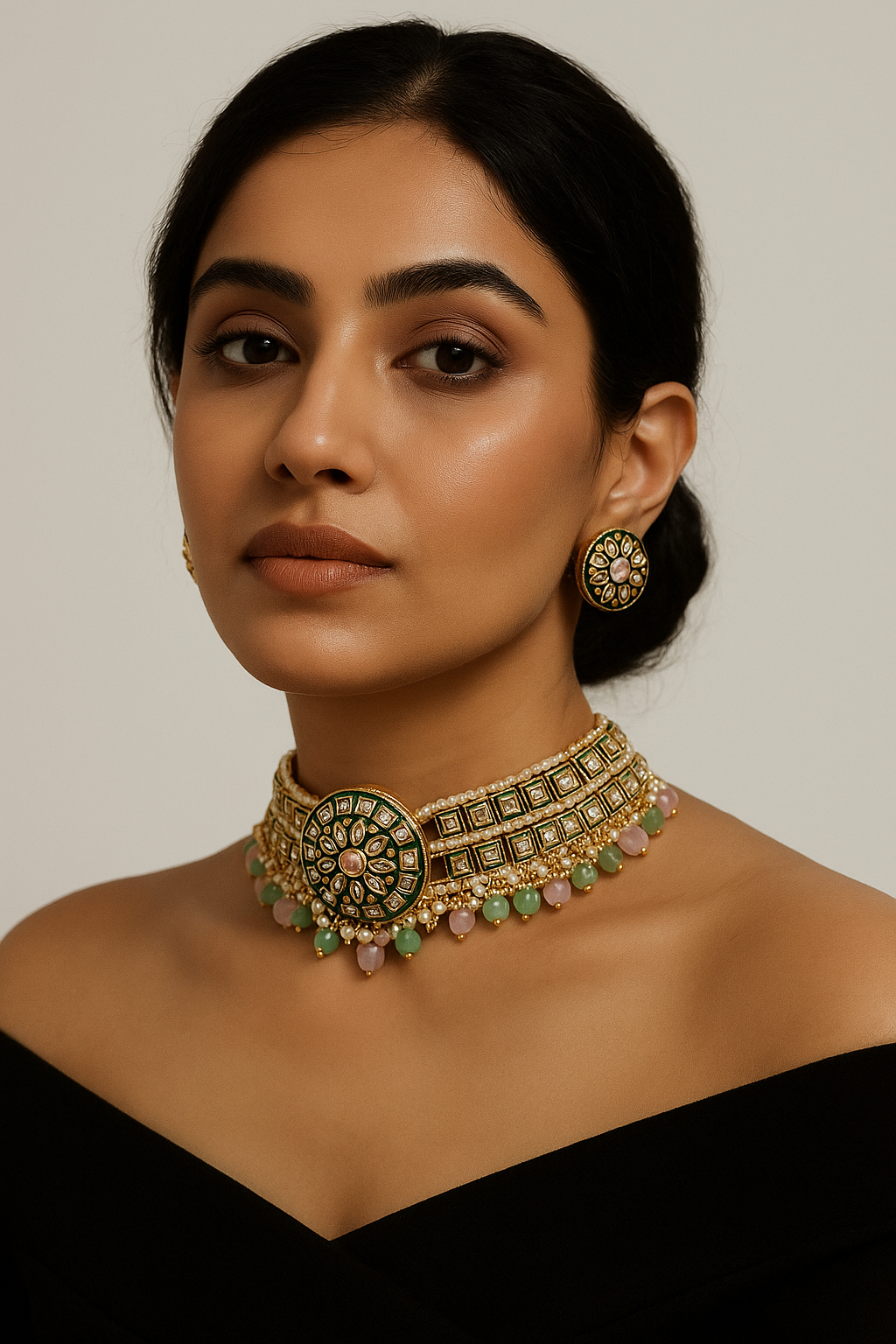 Kundan Pearl Choker Necklace Set with Round Stud Earrings