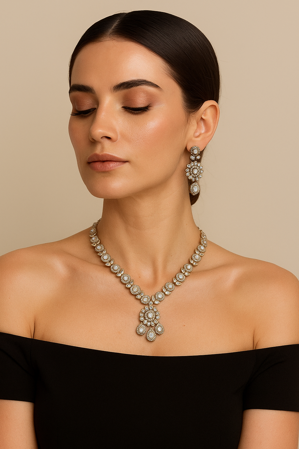 Classic White Kundan Necklace Set with Earrings