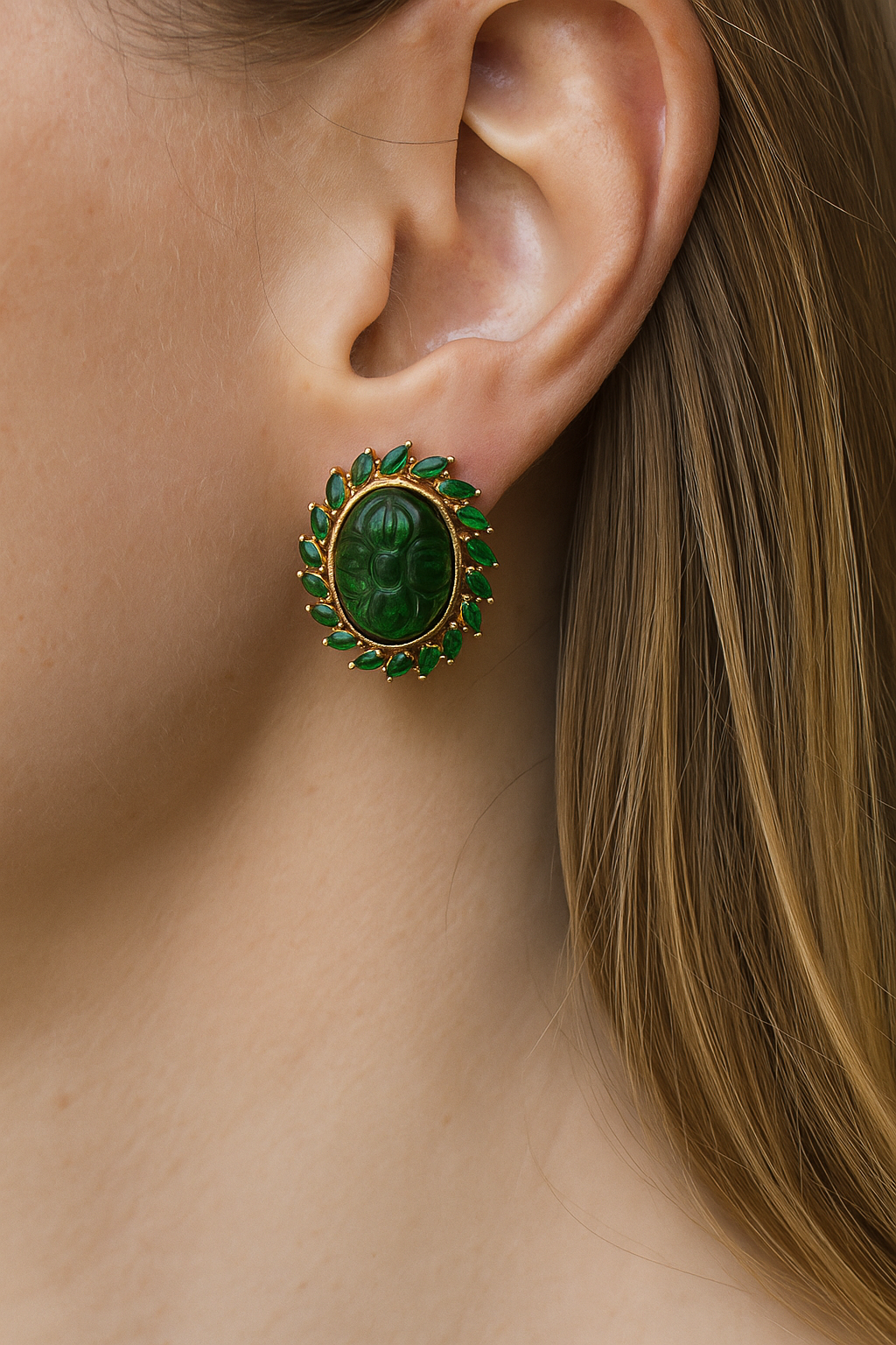 Elegant Carved Green Stone Stud Earrings with Gold Finish