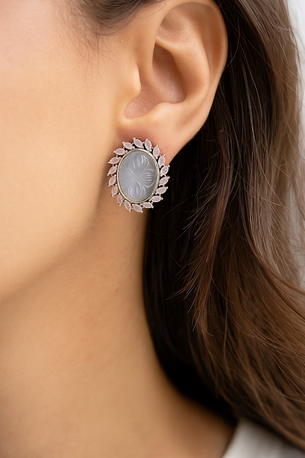 Carved Lavender Stone Stud Earrings with Silver Finish
