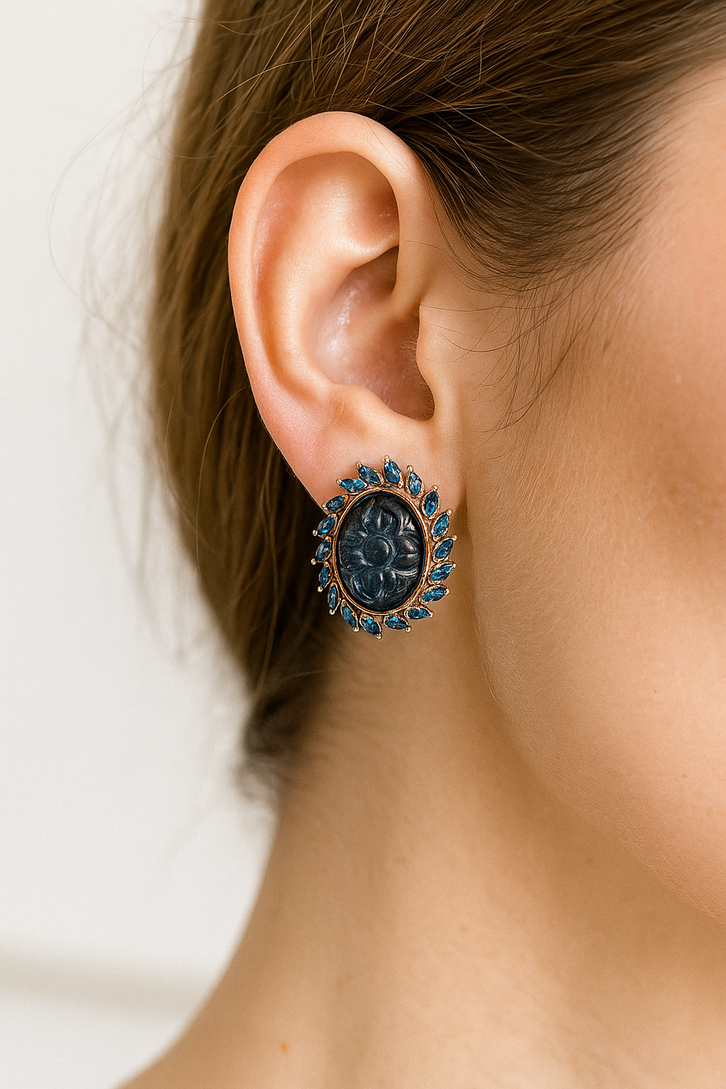 Carved Blue Stone Stud Earrings with Rose Gold Finish