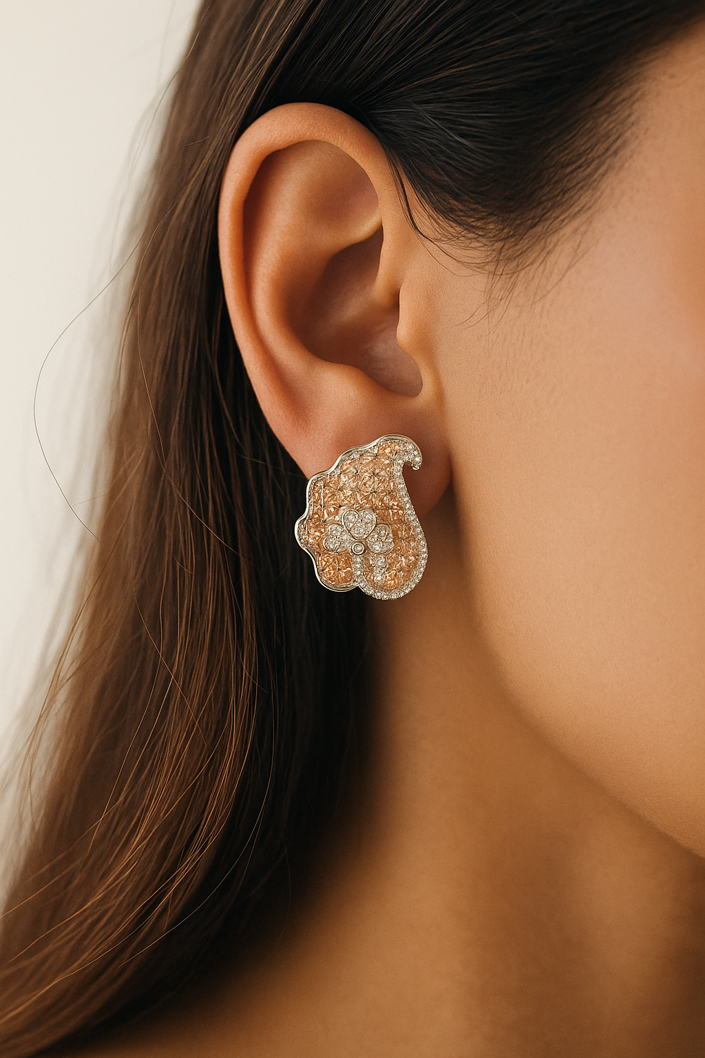 Floral Paisley Stud Earrings with Champagne Stones