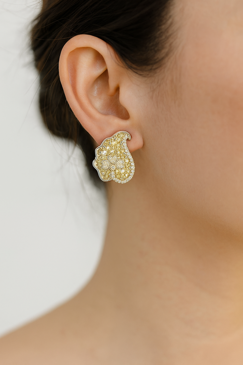 Floral Paisley Stud Earrings with Yellow Crystals