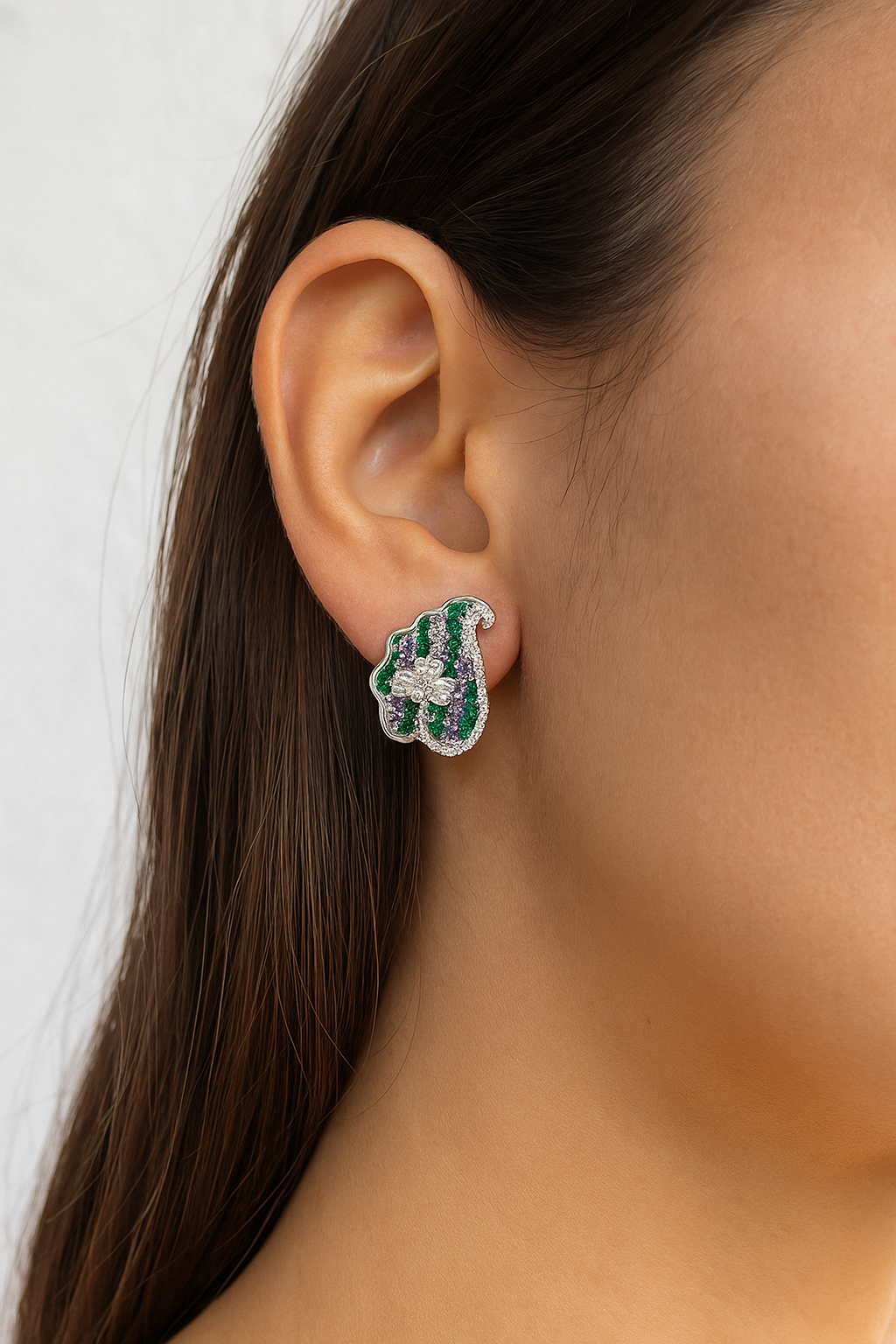 Emerald & Purple Crystal Paisley Floral Stud Earrings