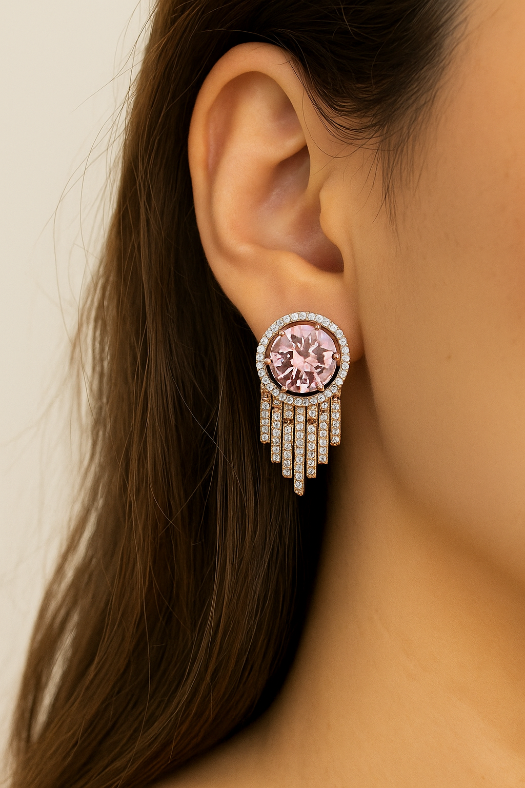 Pink Crystal Round Stud Earrings with Diamond Fringe