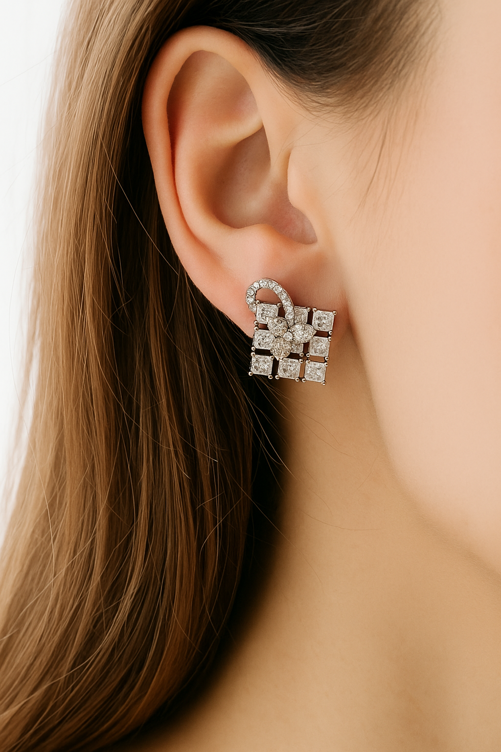 Square Diamond Cluster Earrings with Floral Accent
